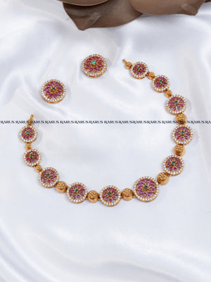 Multicolor Stone Studded Gold Polish Necklace Set with Matching Studs