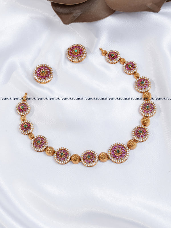 Multicolor Stone Studded Gold Polish Necklace Set with Matching Studs