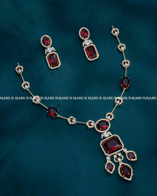 Ruby red AD stone chain necklace set with emerald-cut pendant, cluster drop and matching earrings, RARUS Jewels