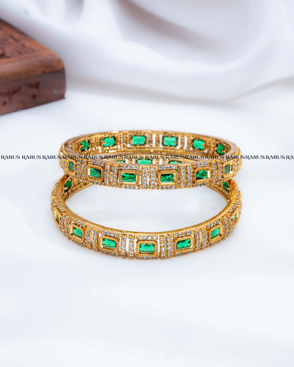 Green emerald cut AD stone antique gold bangles set of 2, RARUS Jewels