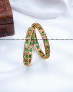 Green emerald cut AD stone antique gold bangles set of 2, RARUS Jewels