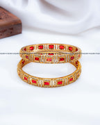 Red emerald cut AD stone antique gold bangles set of 2, RARUS Jewels