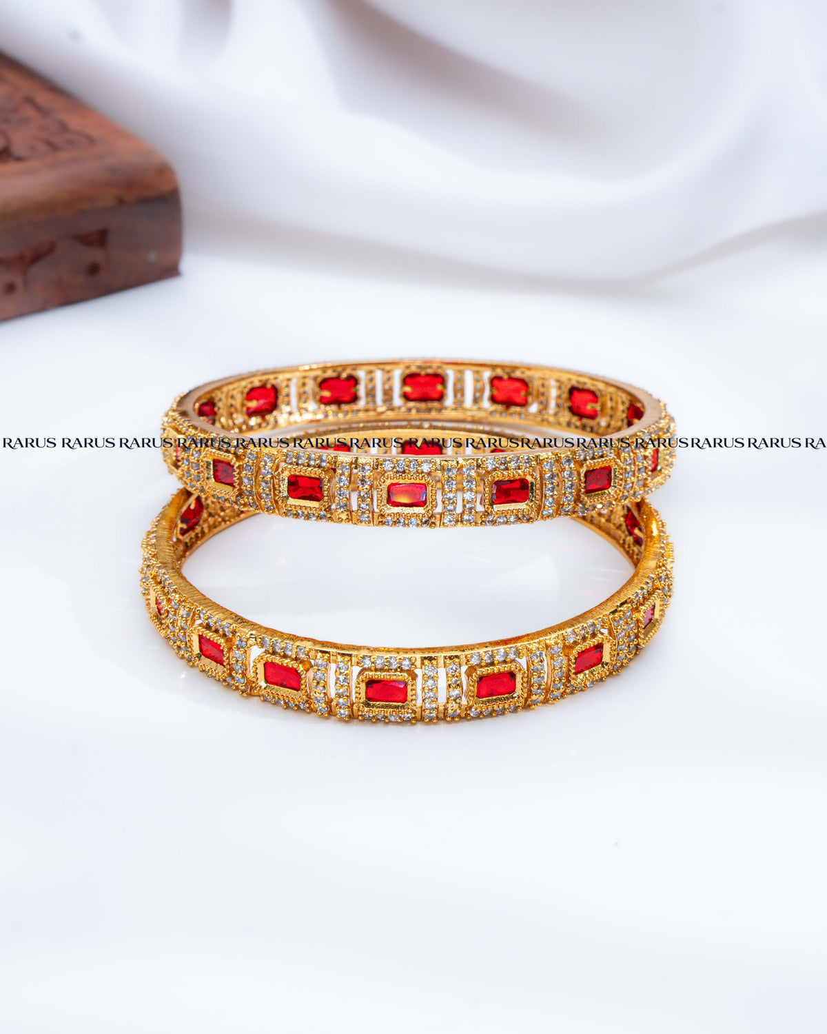 Red emerald cut AD stone antique gold bangles set of 2, RARUS Jewels
