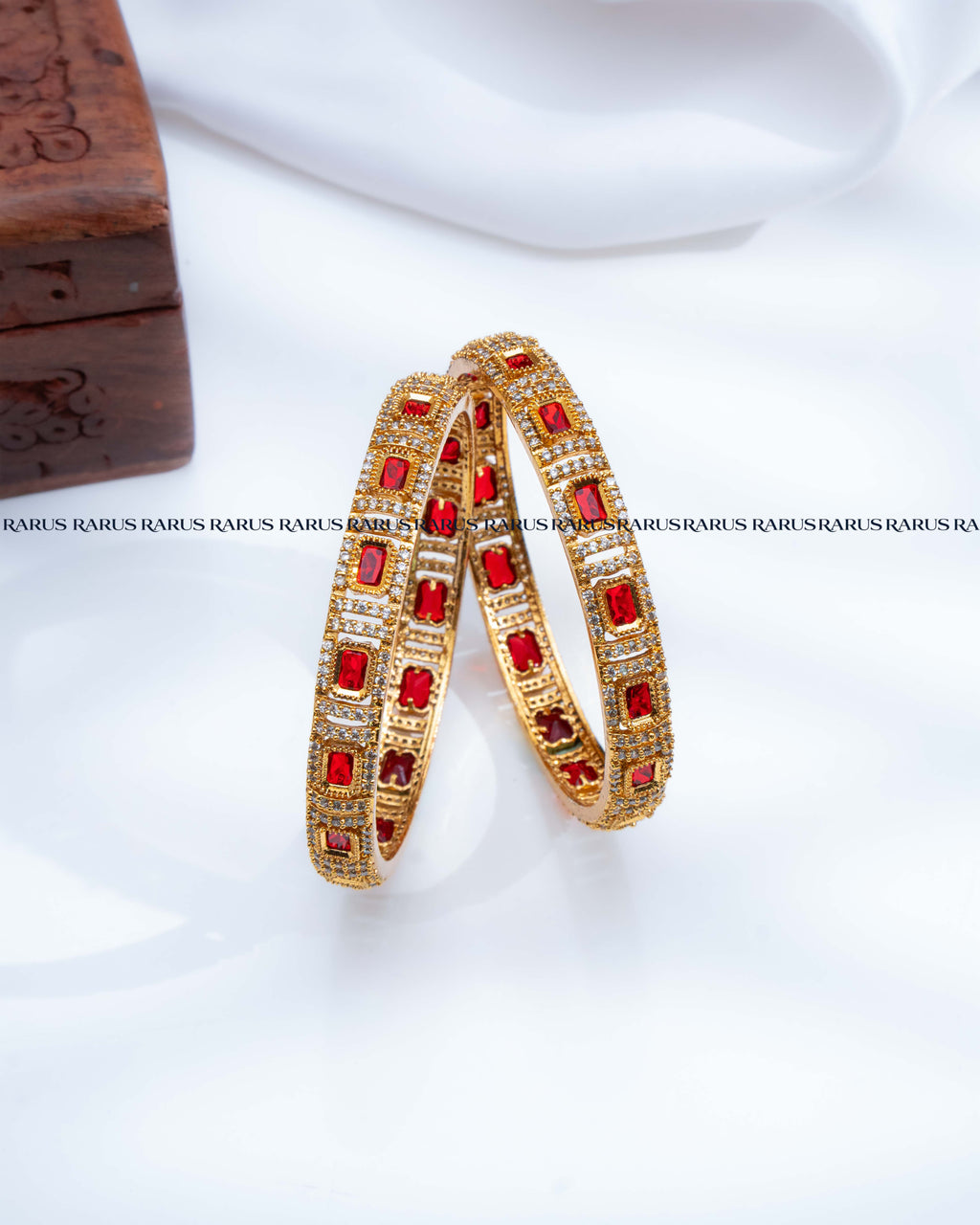 Red emerald cut AD stone antique gold bangles set of 2, RARUS Jewels