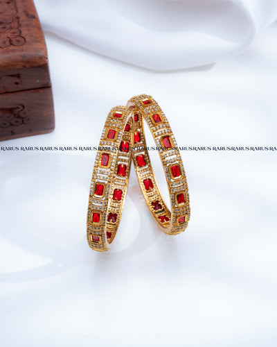 Red emerald cut AD stone antique gold bangles set of 2, RARUS Jewels