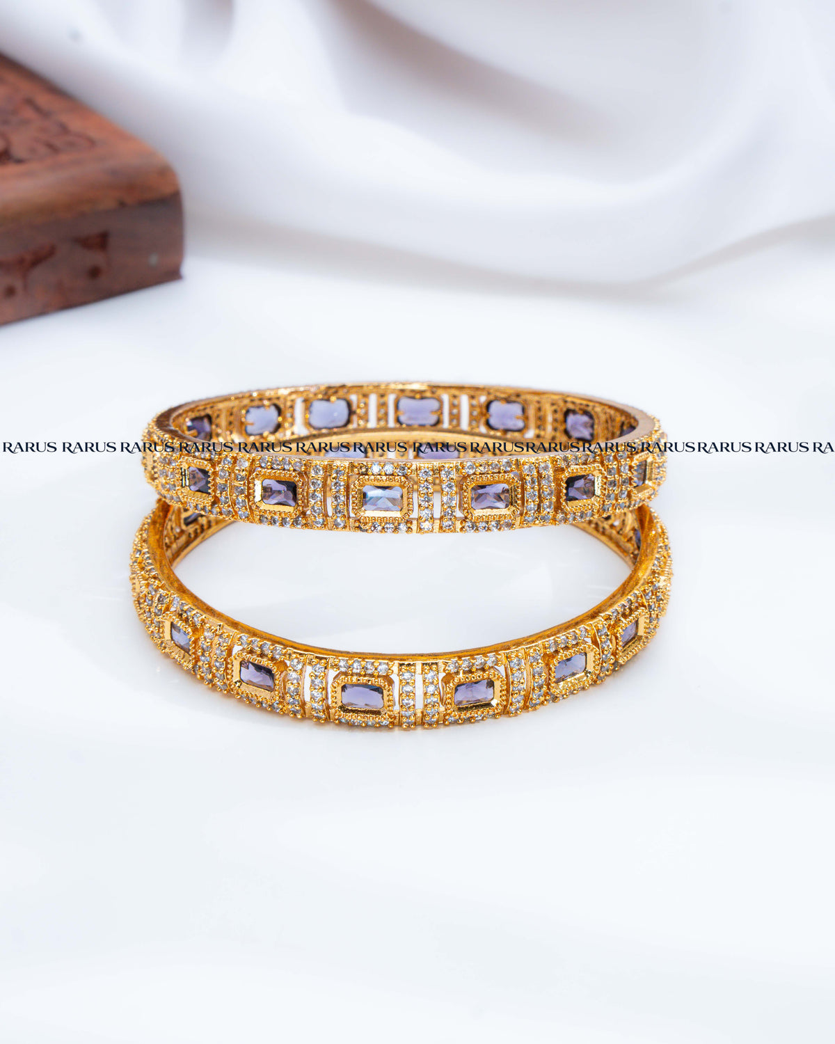 Violet emerald cut AD stone antique gold bangles set of 2, RARUS Jewels