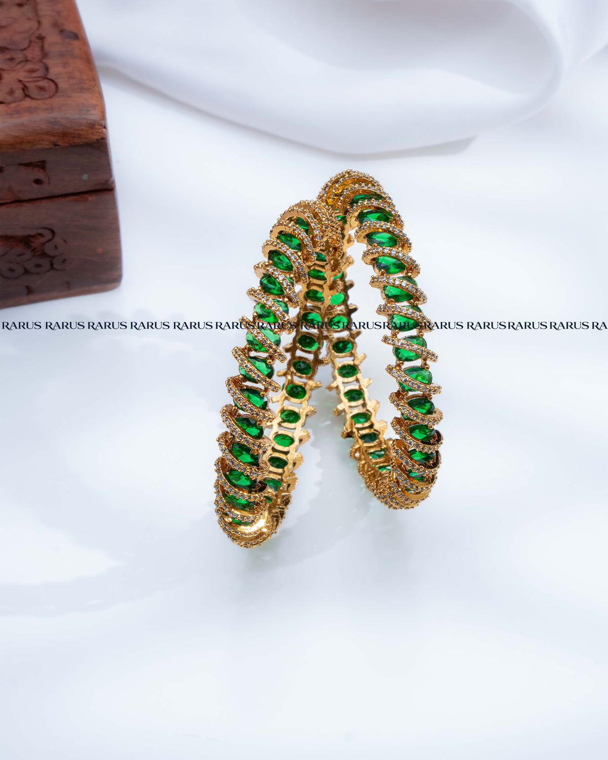 Green oval stone spiral design AD stone gold bangles set of 2, RARUS Jewels