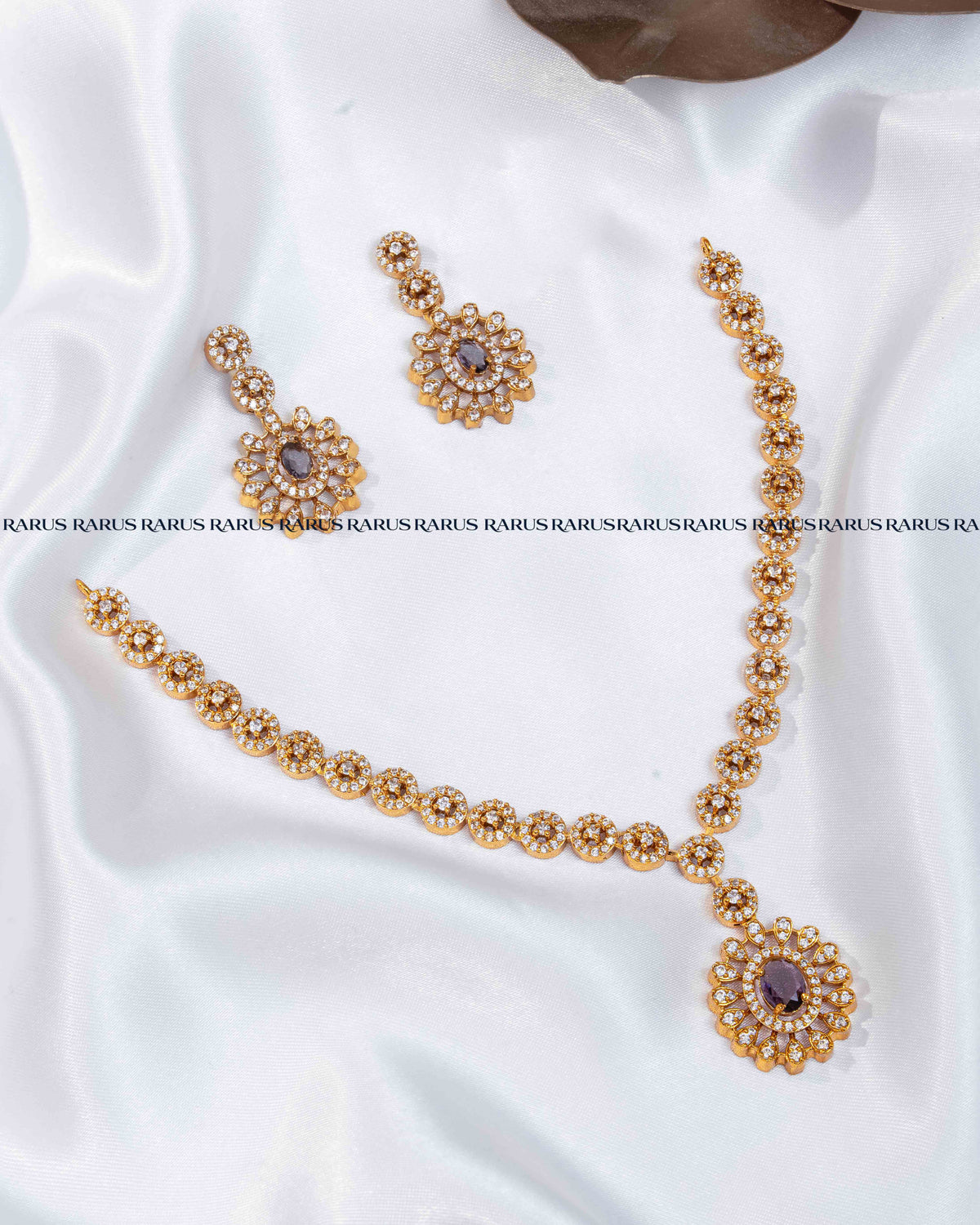Violet AD stone sunburst medallion necklace set with stone-set chain and matching drop earrings, RARUS Jewels