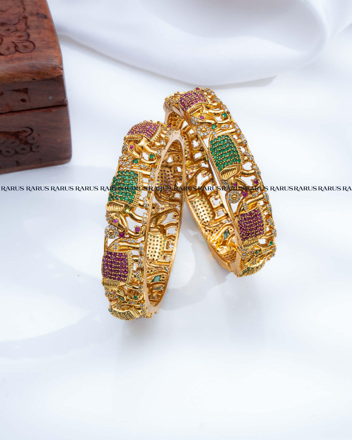 Multicolor ruby-red and emerald-green stone antique gold elephant design openwork bangles set of 2, RARUS Jewels
