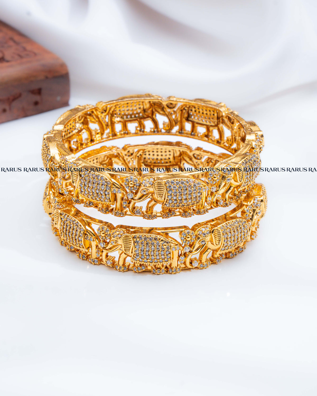 White stone pavé antique gold elephant design openwork bangles set of 2, RARUS Jewels