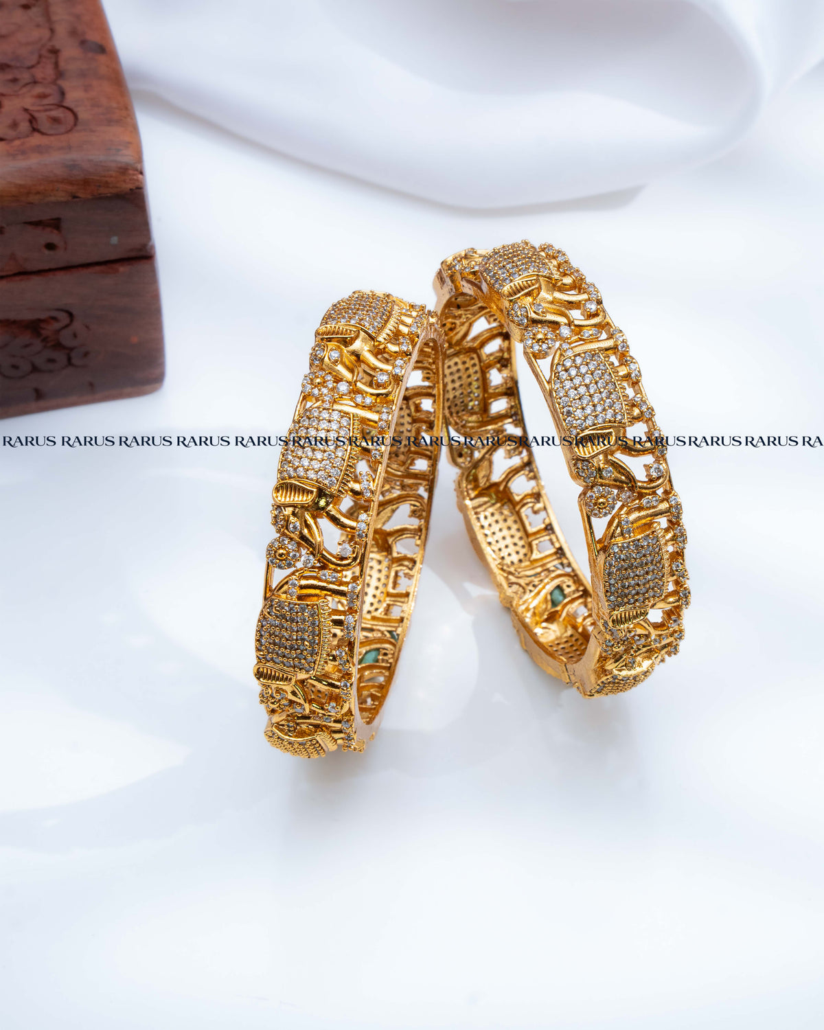 White stone pavé antique gold elephant design openwork bangles set of 2, RARUS Jewels