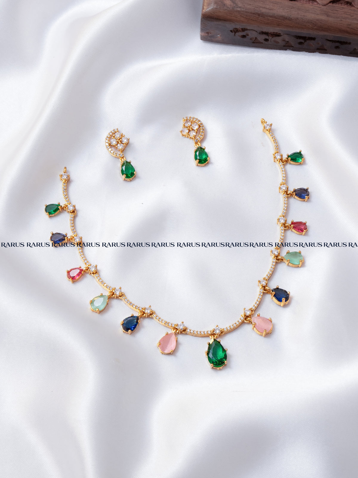 Multicolor AD stone teardrop necklace set with green, blue, ruby, mint and pink drops and matching earrings, RARUS Jewels