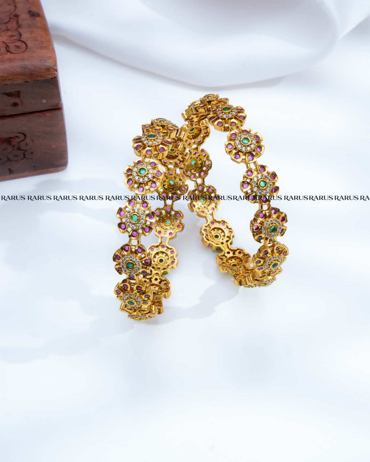 Multicolor kemp stone floral gold bangles set of 2 with ruby-pink and emerald-green stones, RARUS Jewels