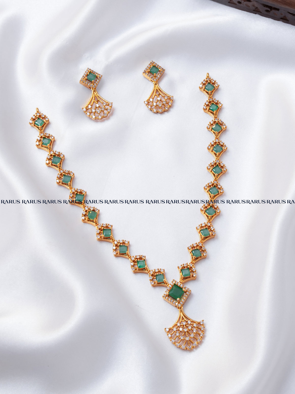 Emerald green premium stone necklace set with square stones, fan pendant and matching earrings, antique gold, RARUS Jewels