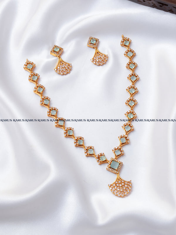 Mint green premium stone necklace set with square stones, fan pendant and matching earrings, antique gold, RARUS Jewels