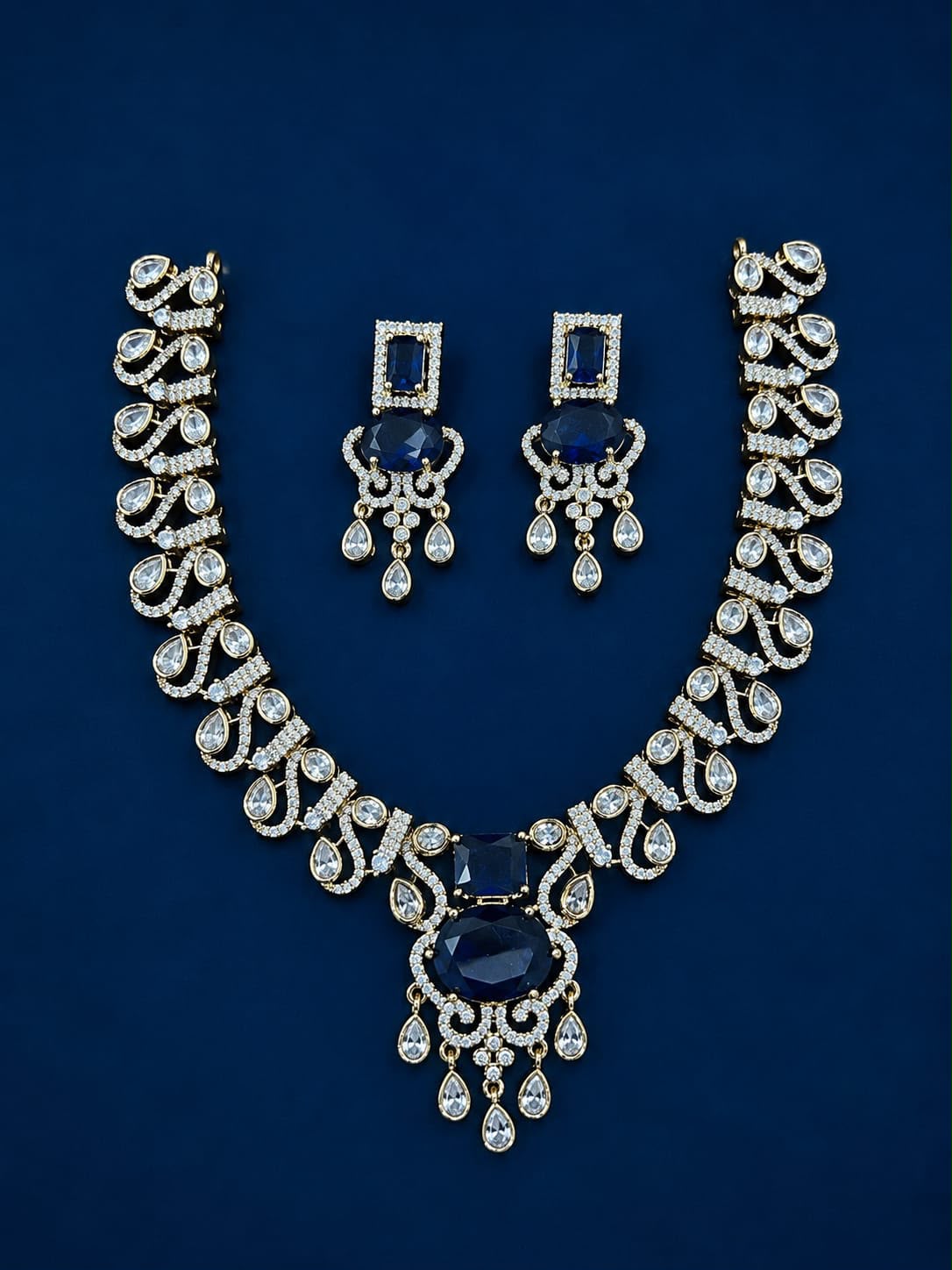 Premium AD Stone Scroll Design Necklace & Earring Set | RARUS Jewels