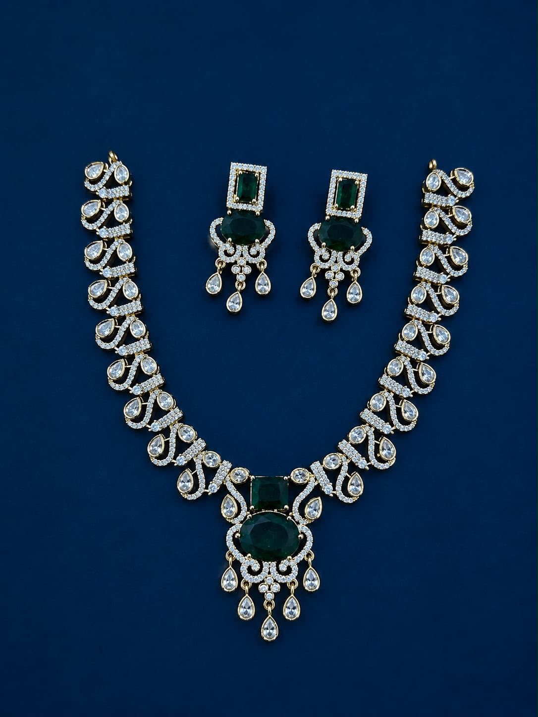 Premium AD Stone Scroll Design Necklace & Earring Set | RARUS Jewels
