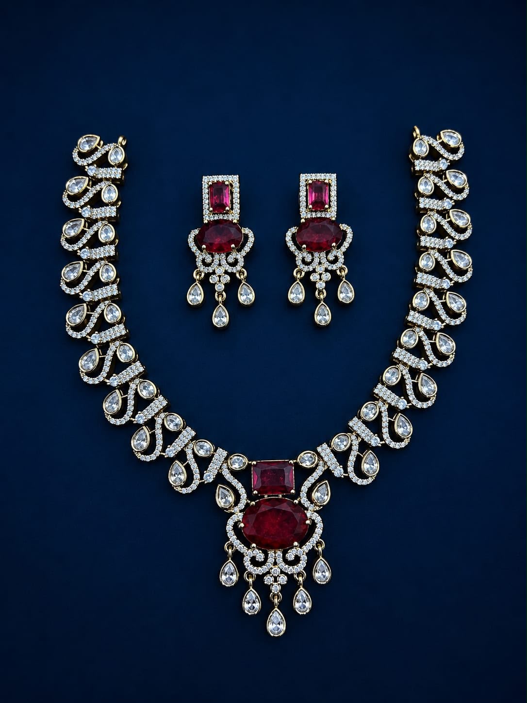 Premium AD Stone Scroll Design Necklace & Earring Set | RARUS Jewels