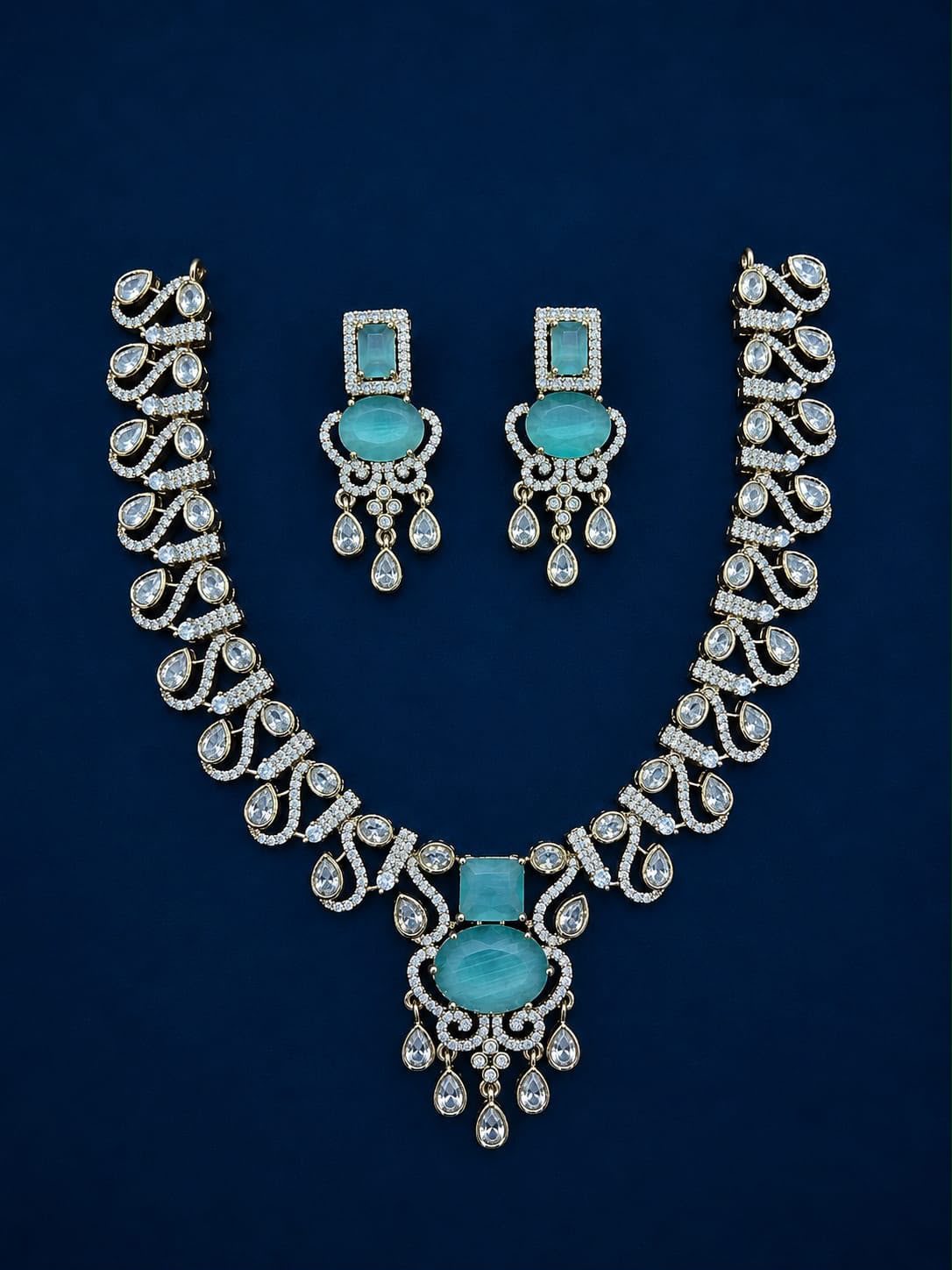 Premium AD Stone Scroll Design Necklace & Earring Set | RARUS Jewels