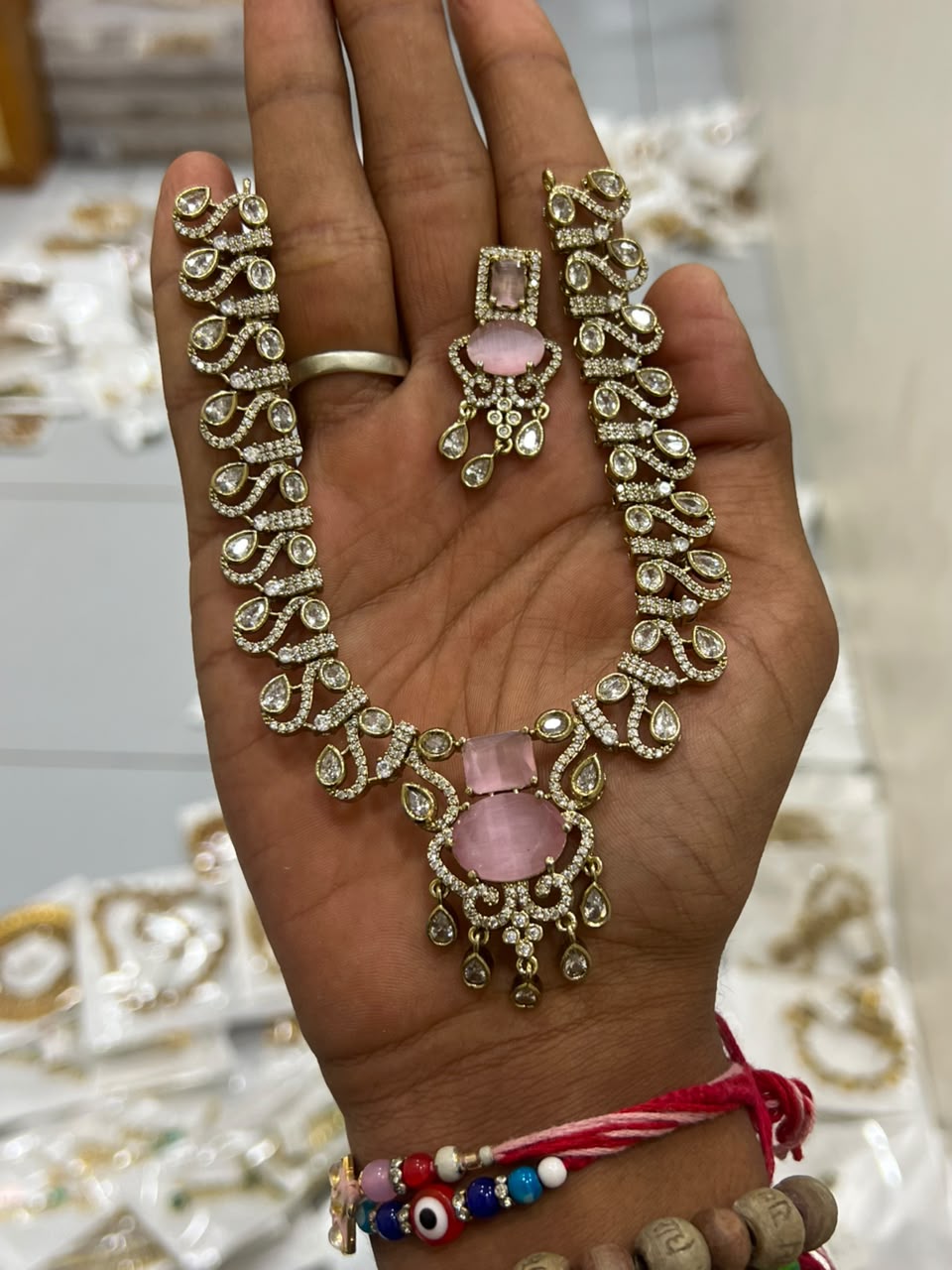 Premium AD Stone Scroll Design Necklace & Earring Set | RARUS Jewels