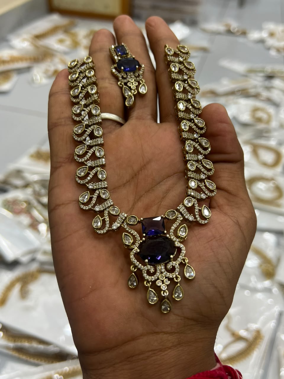 Premium AD Stone Scroll Design Necklace & Earring Set | RARUS Jewels
