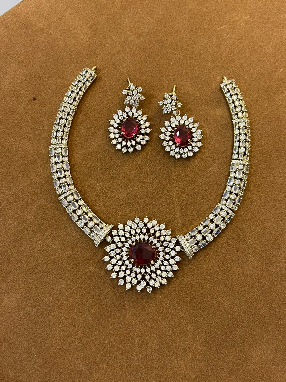 AD Stone Necklace Set with Floral Pendant & Earring Set | RARUS Jewels