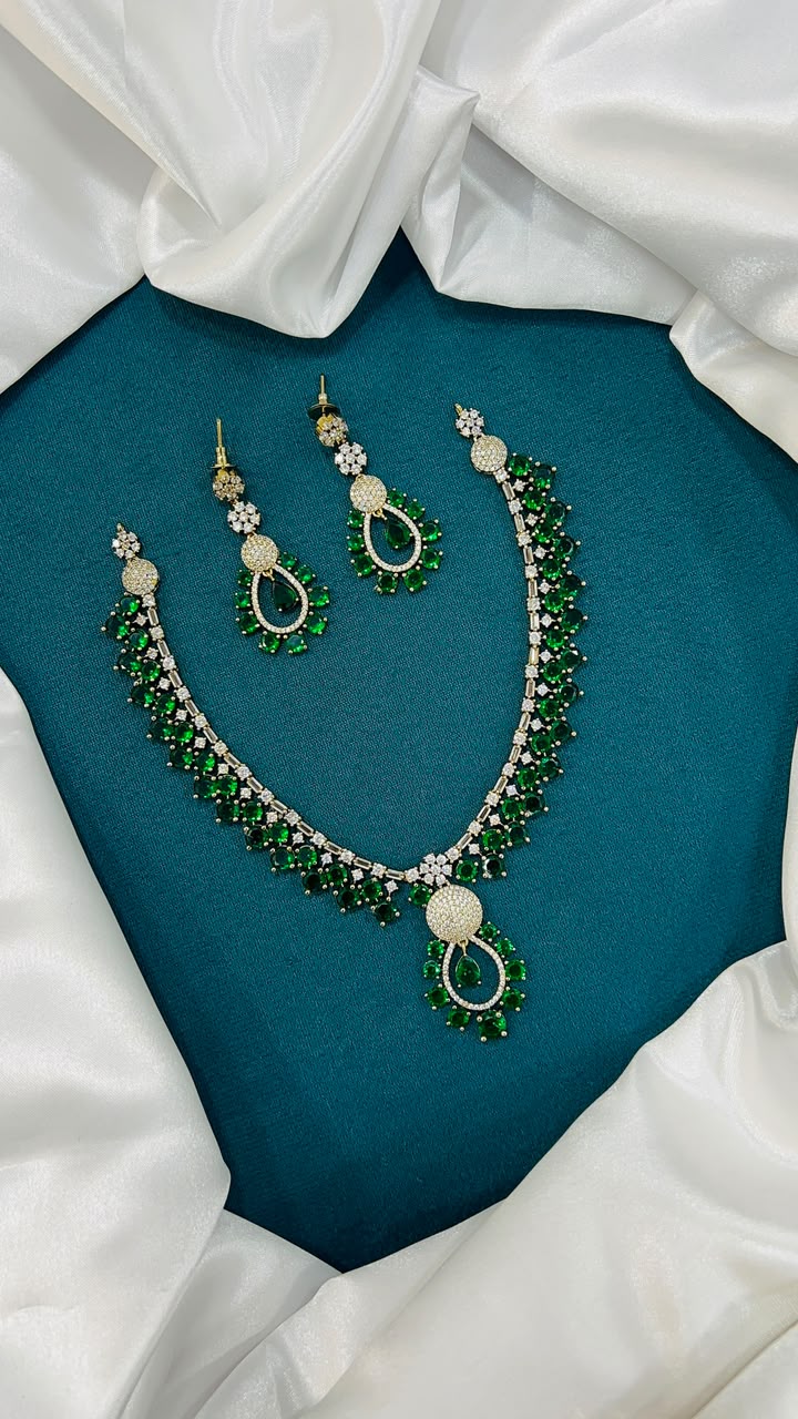 AD Stone Necklace Set with Floral Cluster Pendant & Earrings | RARUS Jewels