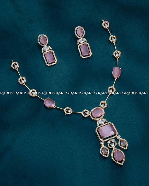 Rose pink AD stone chain necklace set with emerald-cut pendant, cluster drop and matching earrings, RARUS Jewels