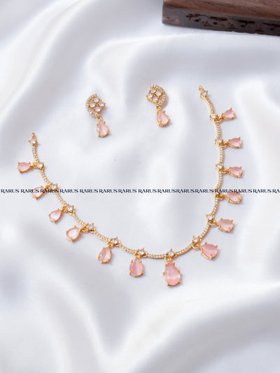 Rose pink AD stone teardrop necklace set with slim stone-set chain and matching earrings, RARUS Jewels